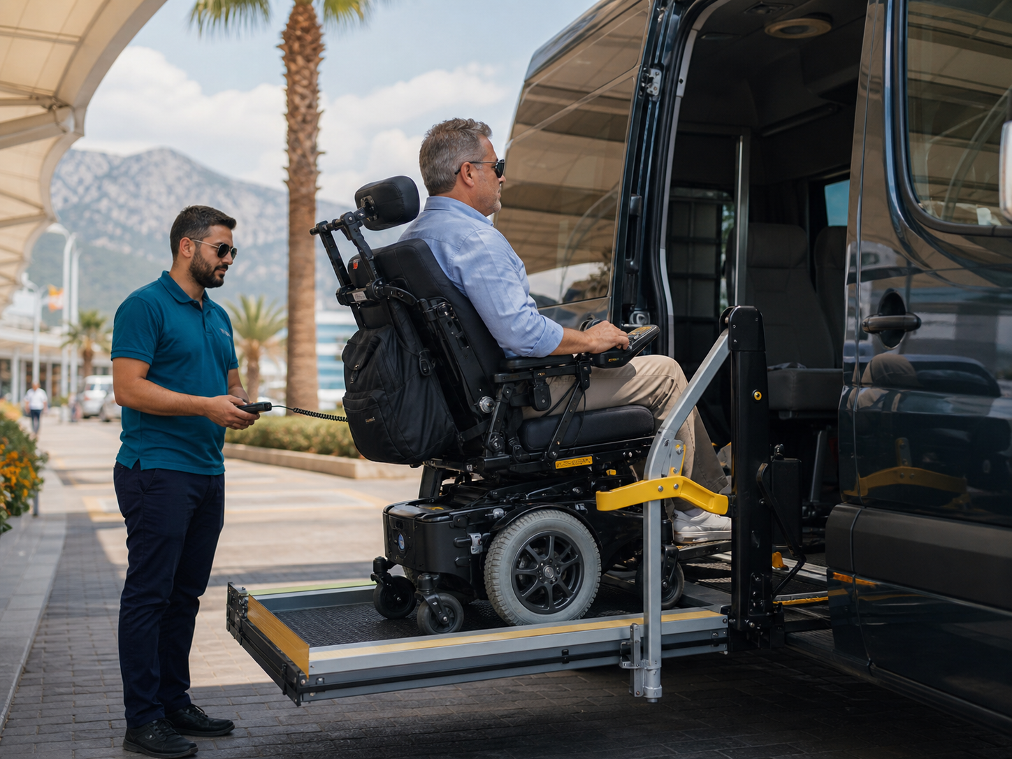 Wheelchair traveller boarding an accessible minibus using a powered platform lift